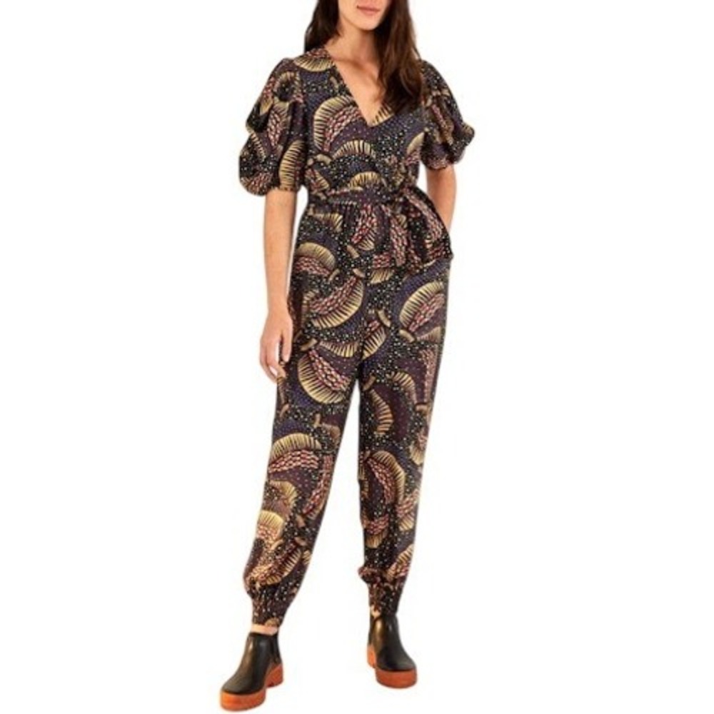 Farm Rio Black Wild Bananas Jumpsuit V Neck Puff Sleeve Belted Wide‎ Leg Sm NEW